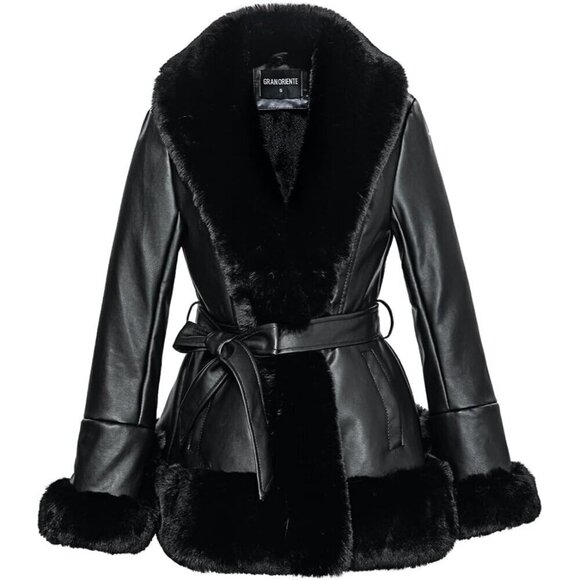 GRAN ORIENTE Women's Faux Leather black fur collar Leather Jacket Long Sleeve - Picture 1 of 6